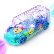 Ucradle Light Up Transparent Car Toys for Kids, Bump and Go Toy Car with Colorful Moving Gears, Music, and LED Effects, Fun Bus Vehicle Shape Educational Toy for Kids Toddlers Child, Green