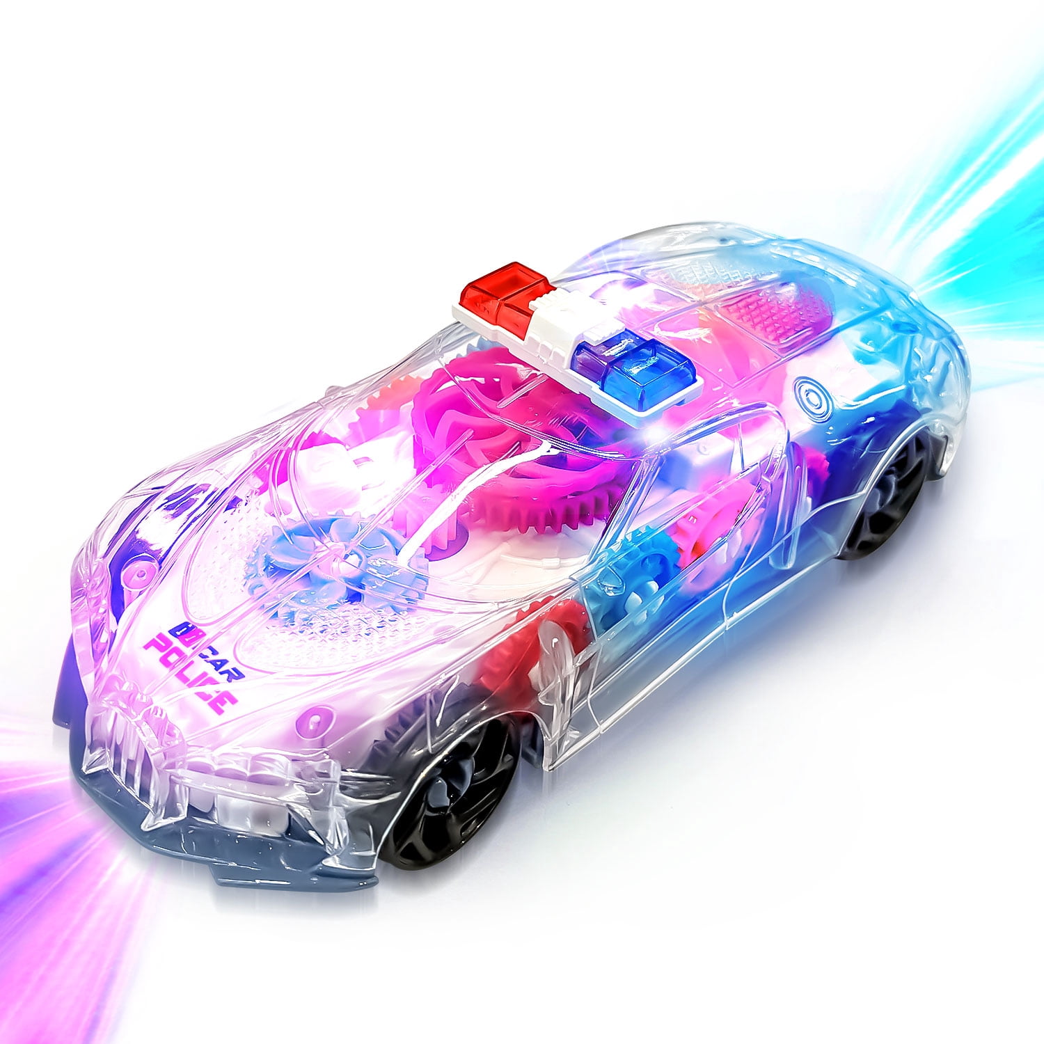 Ucradle Light Up Transparent Car Toys for Kids, Bump and Go Toy Car with Colorful Moving Gears, Music, and LED Effects, Fun Educational Toy for Kids Toddlers Child, Great Birthday Gift Idea, Blue