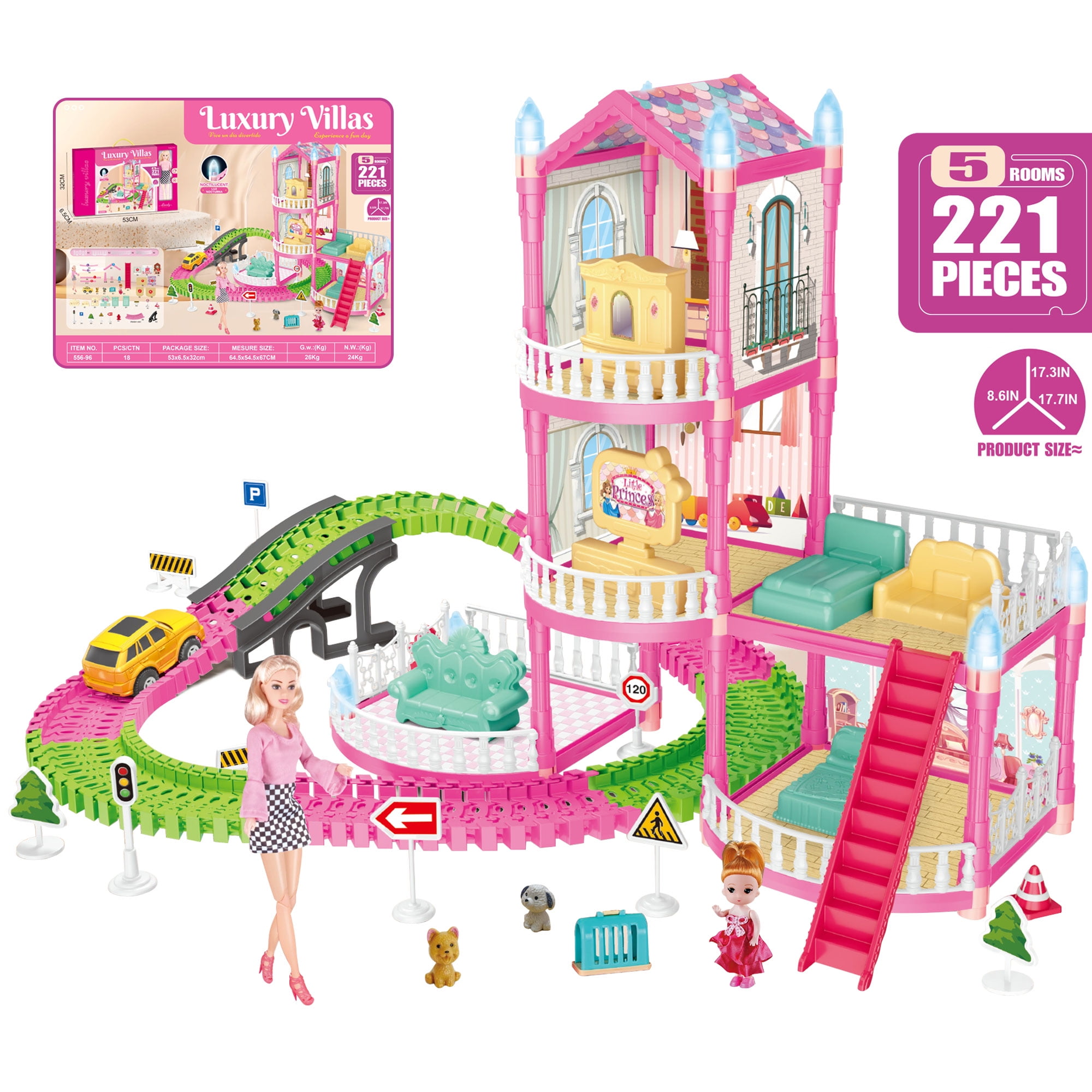 Kid Odyssey Play Dollhouse with Track Car, Princess Playhouse with 2 dolls, 5 rooms and Pet Basket, Doll House for Girls 3-8 year old, Pink