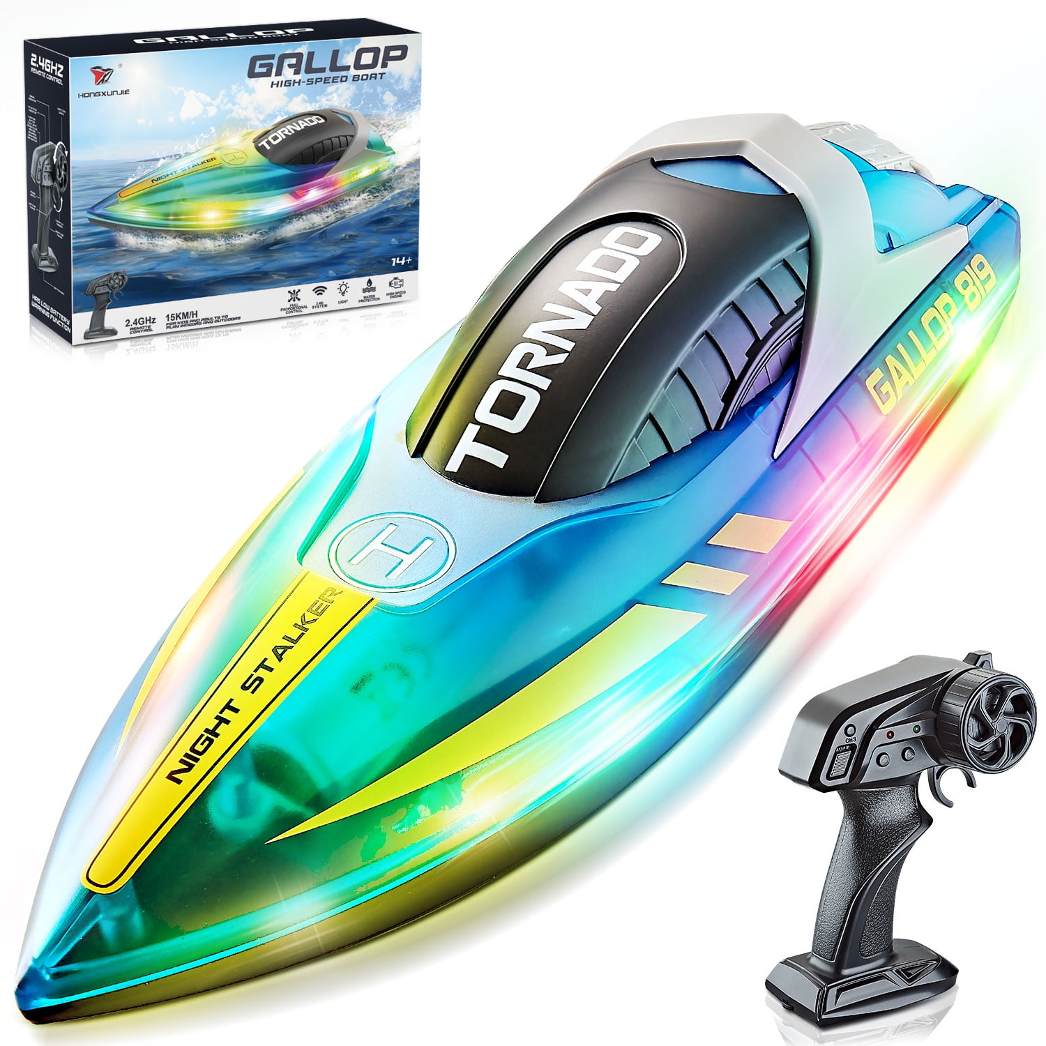 Kid Odyssey RC Boat with LED Lights for Boys 8-12, 15+ MPH Fast Remote  Control Boat, 2.4G RC Electric Boats Pool and Lakes Toys for Adults & Kids