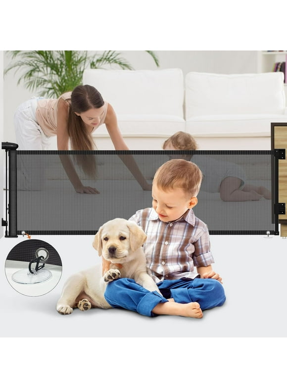 Kid Odyssey Retractable Baby Gate, 122" x 35" Extra Wide Baby Safety Gate for Stairs, Dog Gate for Stairs, Black