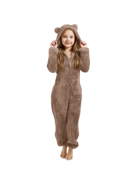 Kid Onesie Halloween Hooded Jumpsuit Flannel Plush Zip up Romper with Bear Ears Fall Winter Warm Outfits Cute Fashion Clothes