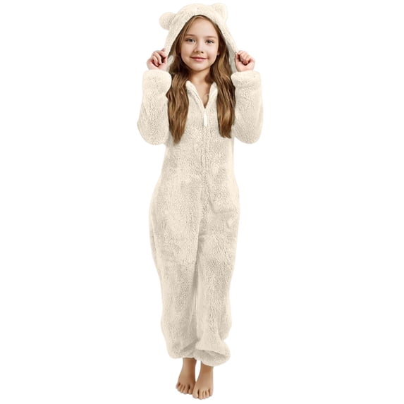 Kid Onesie Halloween Hooded Jumpsuit Flannel Plush Zip up Romper with Bear Ears Fall Winter Warm Outfits Cute Fashion Clothes