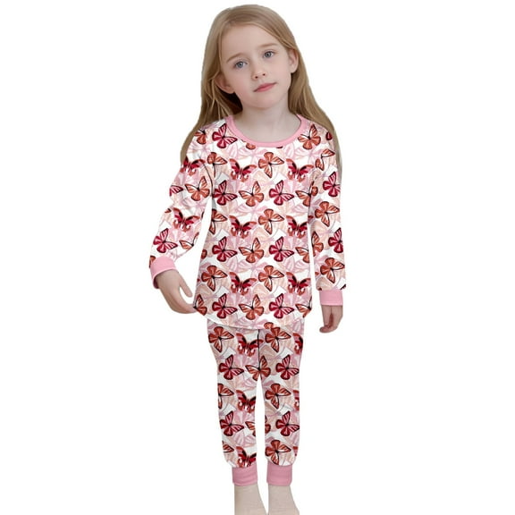 Kid Pajamas Set Butterfly Crewneck Pullover Top Summer Loungewear Girl Pajamas Size 6-7 Years