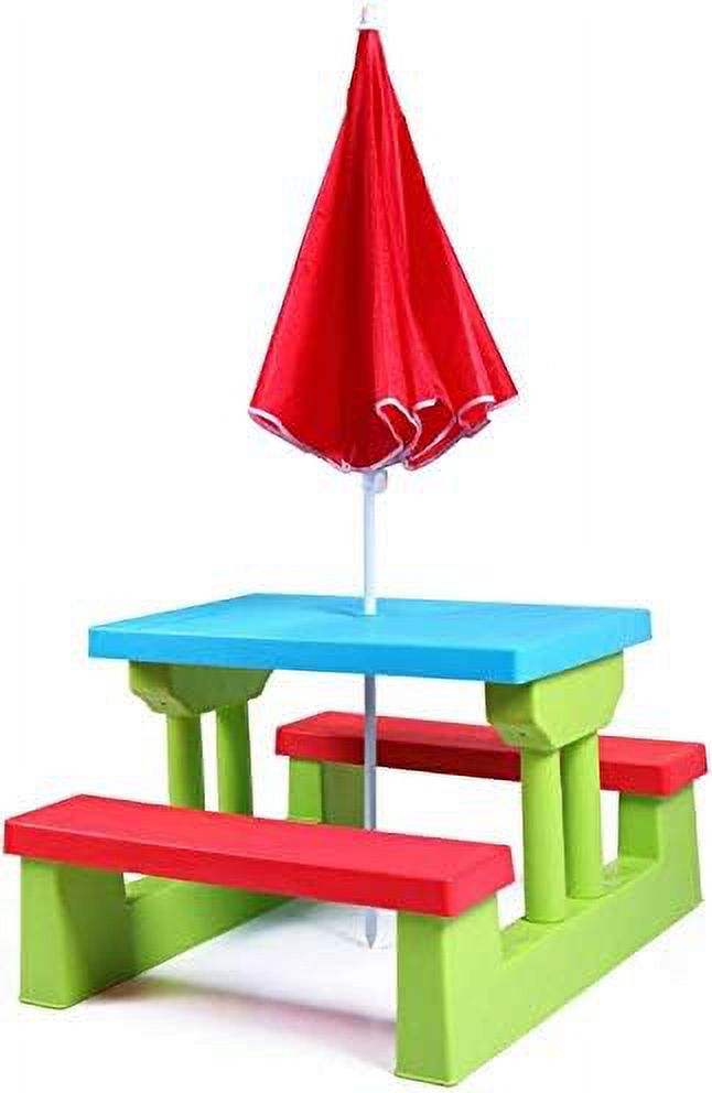 Kid Picnic Table Chair With Umbrella 4 Seat Garden Bench Children Outdoor Patio Garden Backyard