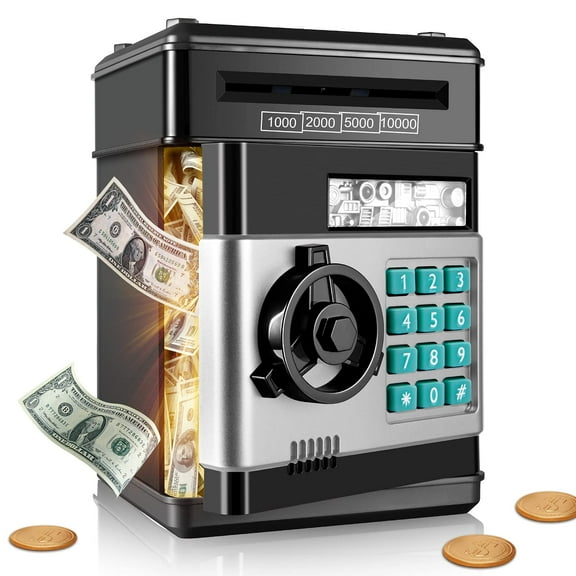 Kid Piggy Bank, Electronic Kids' Money Bank with Password Code Lock, Auto Scroll Paper, Coin Bank for Kids for Real Money, Gifts Toys for 3-12 Years Old Boys, Black