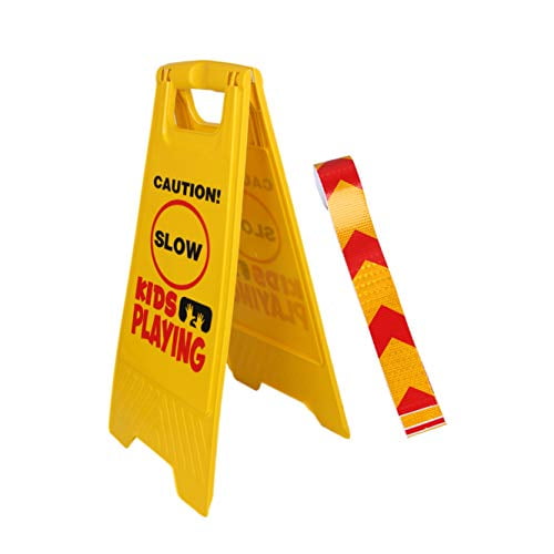 Kid Playing Caution Sign – Thick and Heavier Children Safety Slow Road Yard Sign - Double Sided Sign Bundled with Reflective Tape