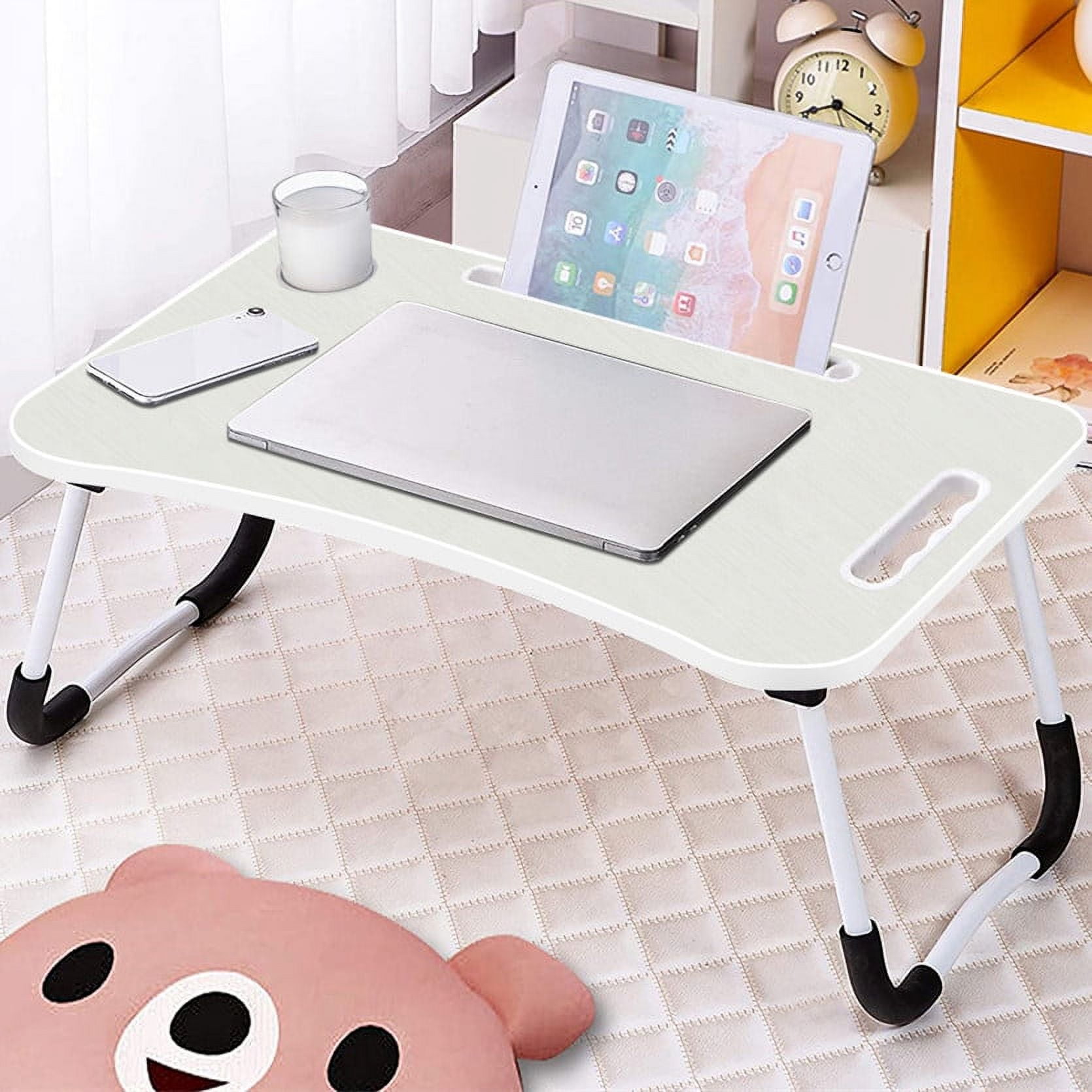 Kid Portable Laptop Desk Foldable Laptop Bed Desk with Legs Small Lazy Laptop Table with iPad Slots White Laptop Table for Adults Students Eating