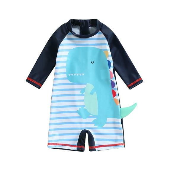 Kid Romper Swimsuit, 3/4 Sleeves Round Neck Dinosaur Stripes Print Summer Beach Girls Boys Swimwear 1-6 Years