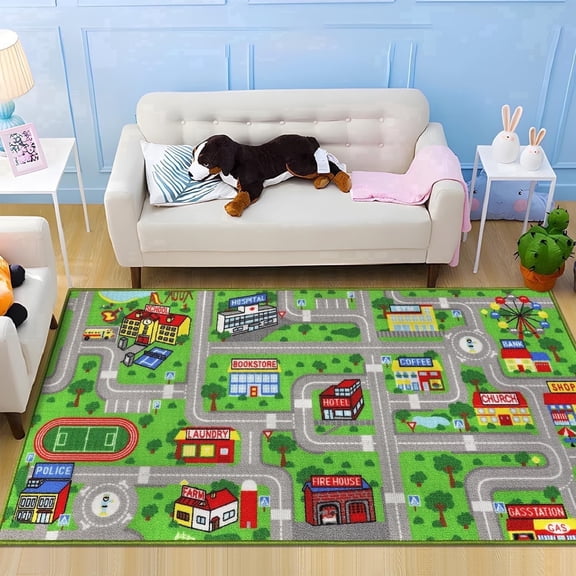 ORGOWEL Kid Rug Carpet City Map Traffic Road Playmat Non Slip Washable Track Area Rug for Children's Room Bedroom Classroom Playroom,Green,2'7" x 5'