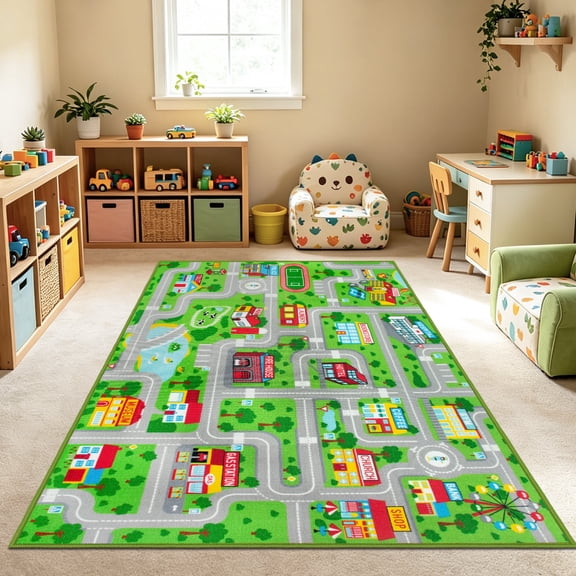 ORGOWEL Kid Rug Carpet Green Car Road City Life Traffic Road Kids Carpet Playmat Non-Slip Washable City Map Track Area Rug for Kids Room Bedroom and Classroom,5' x 6'6"
