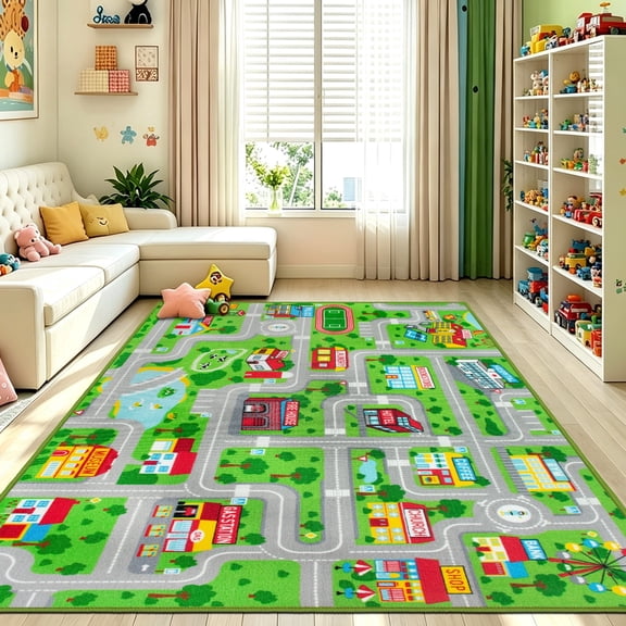 ORGOWEL Kid Rug Carpet Green Car Road City Life Traffic Road Kids  Carpet Playmat Non-Slip Washable City Map Track Carpet  Area Rug for Kids Room Bedroom and Classroom,6'6" x 9'8"