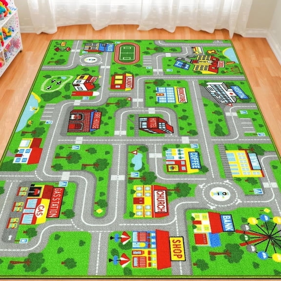 ORGOWEL Kids Playmat Rug Green City Road Map Non-Slip Washable Traffic Track Carpet 3'3" x 5'2" Educational Area Rug for Children Bedroom Playroom Classroom