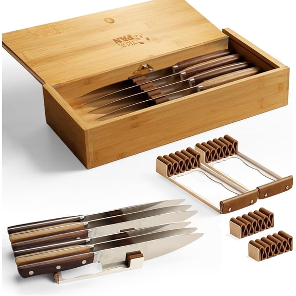 Kid Safe In-Drawer Bamboo Box, for Chef Knives or Steak Knives, with newly invented Beautiful Leather Holders. Only 5.5 Inches Wide. Best Knife Block Alternative!