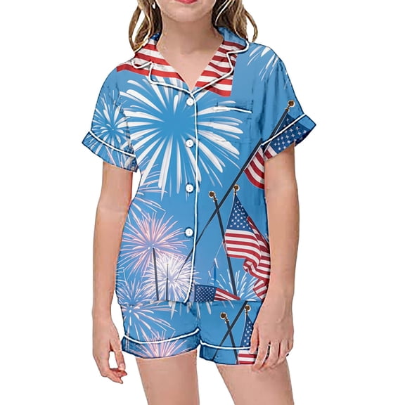 Kid Satin Pajamas Flag Button Down Homewear Set Pjs Sleepwear Outfits Cute Pjs For Girls 8-9 Years