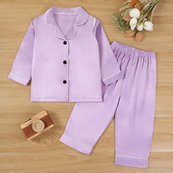 Kid Satin Pajamas For Girl Solid Kids Button Down Pajamas Set Classic Pajamas Set Girls Pjs Size 5-6 Years