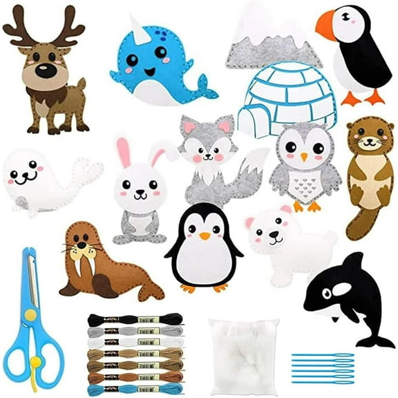 Kid Sewing Craft Kit,Make Your Own Winter Polar Animals Felt Plush Craft Kit Includes 14 Creative Projects to Sewing Beginners Fun DIY Educational Gift for Boys and Girls