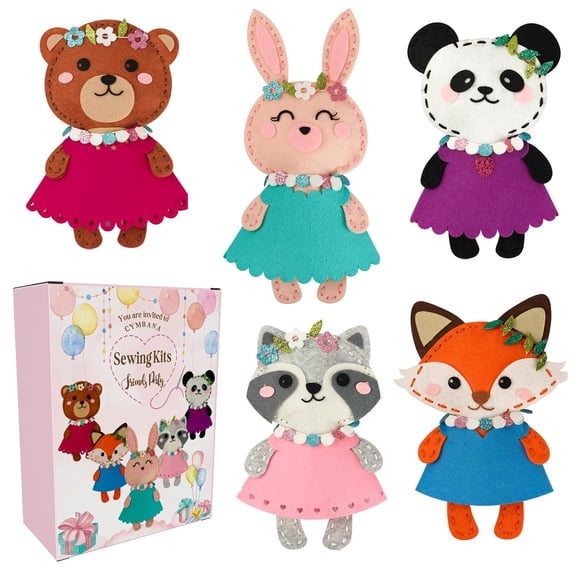 Kid Sewing Craft Kit to Make a Friend for Beginner Felt Craft Learn to Sew, Panda Fox Bunny Raccoon Bear 5 Animals