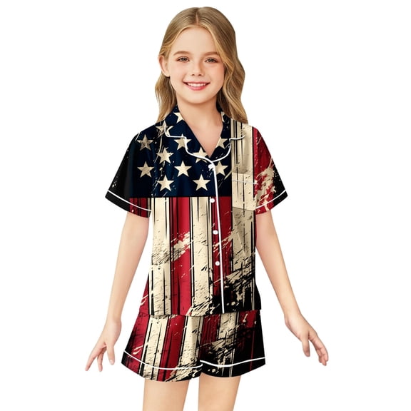 Kid Silk Pajama Set For Girls Boys Flag Button Down Homewear Set Pjs Sleepwear Outfits Girl Pjs Size 6-7 Years