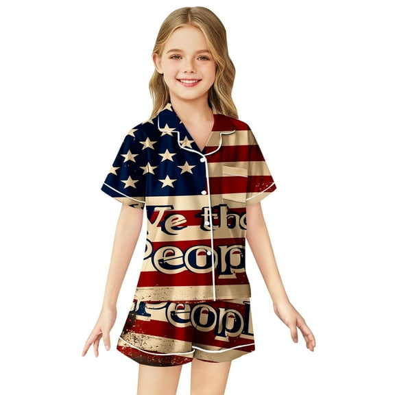 Kid Silk Pajama Set For Girls Boys Flag Button Down Tops Set Girls Casual Pajamas Set Girls Pajama Sets Size 8-9 Years
