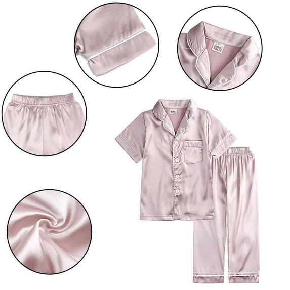 2Pcs Kids Toddler Girls Satin Silk Pajama Set Button Down Satin Sleepwear Includes Short Sleeve Top Long Pants