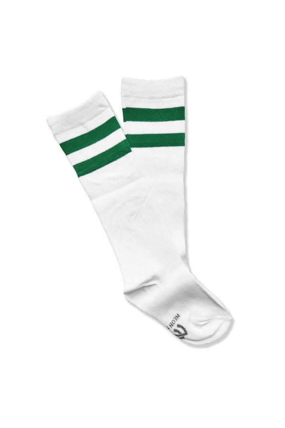 Kid Size White Knee High Socks with Kelly Green Stripes