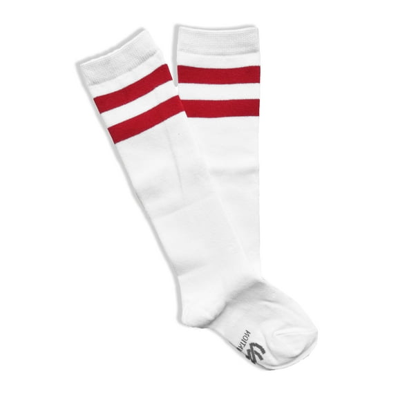 Kid Size White Knee High Socks with Various Colored Stripes (White with Red Stripes)