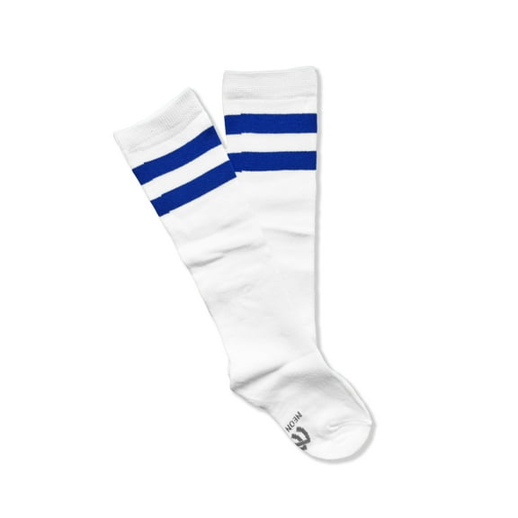 Kid Size White Knee High Socks with Various Colored Stripes (White with Royal Blue Stripes)