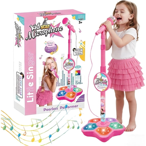 Kid Star Microphone, 2026 New The All-in-One Microphone Toy with Stand Adjustable, Colorful Lights & Speaker, Childs Karaoke Machine, Portable Karaoke Machine for Kids (Pink)