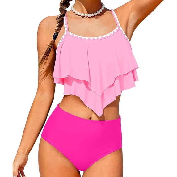 Kid Girls Swimsuit 2 Piece Bikini Spaghetti Strap Tiered Ruffled Bathing Suit with Adjustable Straps Girls' Swimwear 7-16Y
