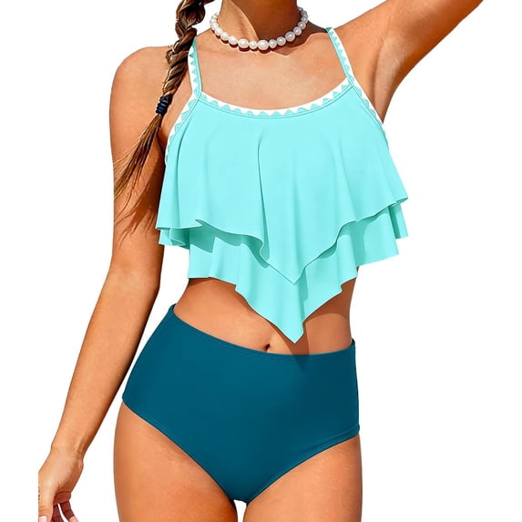 Kid Girls Swimsuit 2 Piece Bikini Spaghetti Strap Tiered Ruffled Bathing Suit with Adjustable Straps Girls' Swimwear 7-16Y