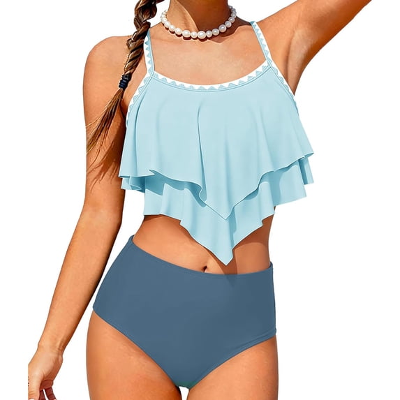 Kid Girls Swimsuit 2 Piece Bikini Spaghetti Strap Tiered Ruffled Bathing Suit with Adjustable Straps Girls' Swimwear 7-16Y
