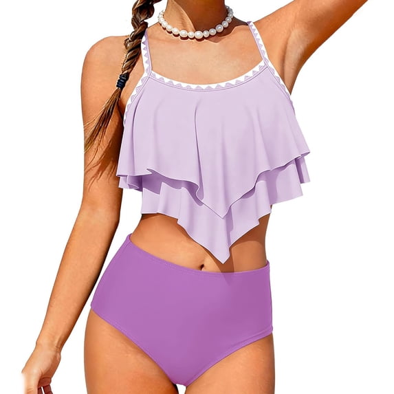 Kid Girls Swimsuit 2 Piece Bikini Spaghetti Strap Tiered Ruffled Bathing Suit with Adjustable Straps Girls' Swimwear 7-16Y