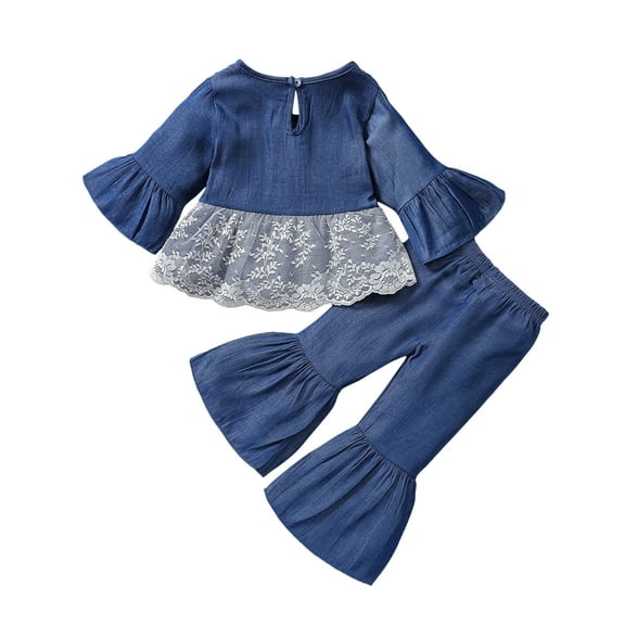 Kid Toddler Baby Girls Clothes Set Lace Ruffle Long Sleeve Tops Denim Flare Pant Spring Autumn Outfit