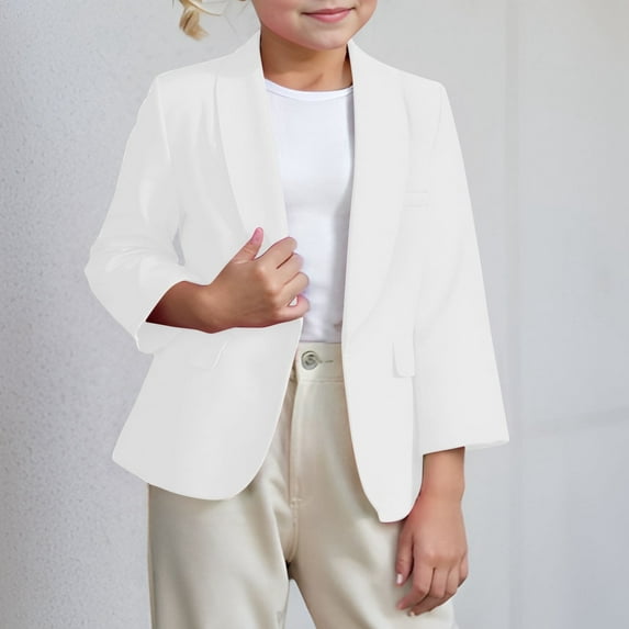 Kid Toddler Blazer Lapel Suit Open Front Long Sleeve White Jacket Kids with Pockets Girls Dress Coat for Teen Girls 3-4 Years Formal Outfits