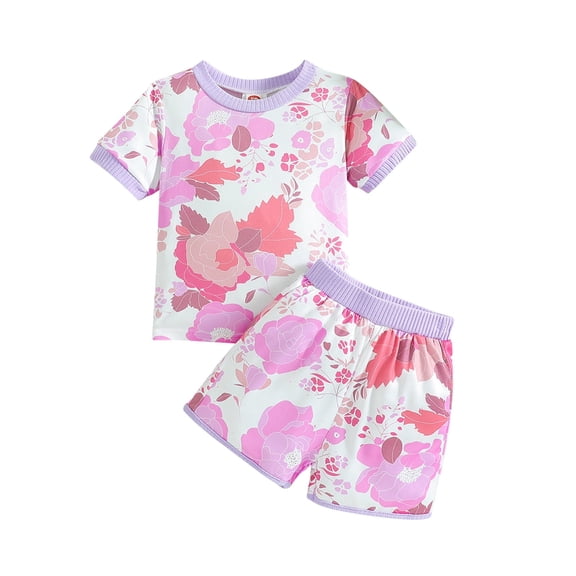 Kid Toddler Girl Clothes Summer Short Sleeve Cartton Printed Tee Shirt   Elastic Waist Shorts Summer Outfits Set,,12-18 Months