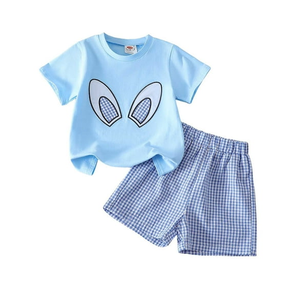 Kid Toddler Girl Clothes Summer Short Sleeve Cartton Printed Tee Shirt + Elastic Waist Shorts Summer Outfits Set,Sky Blue,5-6 Years