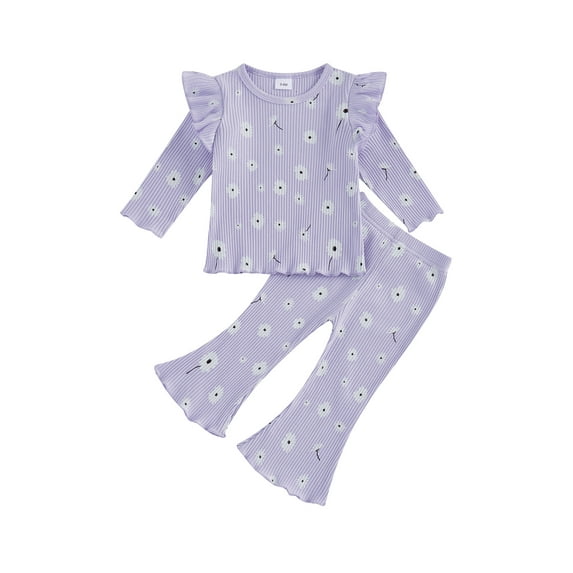 Kid Toddler Girls Pants Clothing Set, 12 18 24 Months 2T 3T 4T 5T Flower Print Long Sleeve Crew Neck T-shirt with Flare Pants Fall Outfit