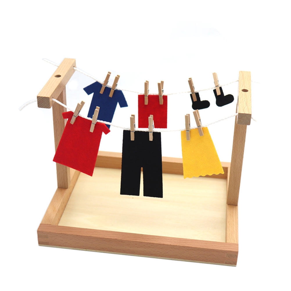 Kid Toy Laundry Wooden Doll Dress Rack Clothes Drying Life Skills for Kids Students Preschool