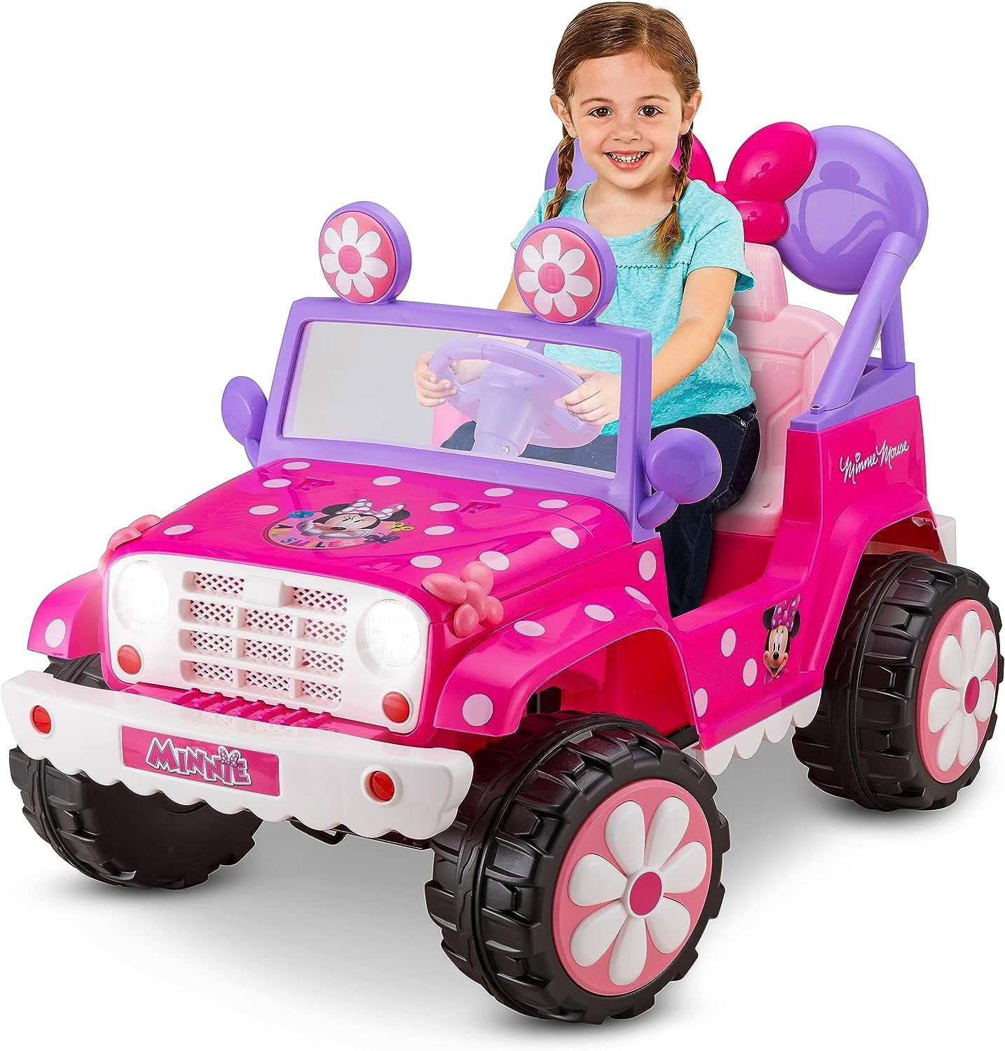 and Minnie Mouse Working Ride 4x4 Pink Outdoor Trax Powered Sounds, Mouse Toddler, Disney\'s Power Up Ages Flower Minnie Toy, Headlights, 6V Kids 3-5 Ride-On Battery Kid lbs, 60 to On, Toy,