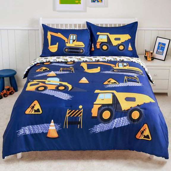Kid Twin Comforter Set 5 Piece Construction Vehicle Bedding Set for Boys Girls Super Soft Microfiber Bed in a Bag with Comforter Sheets Pillowcase Sham