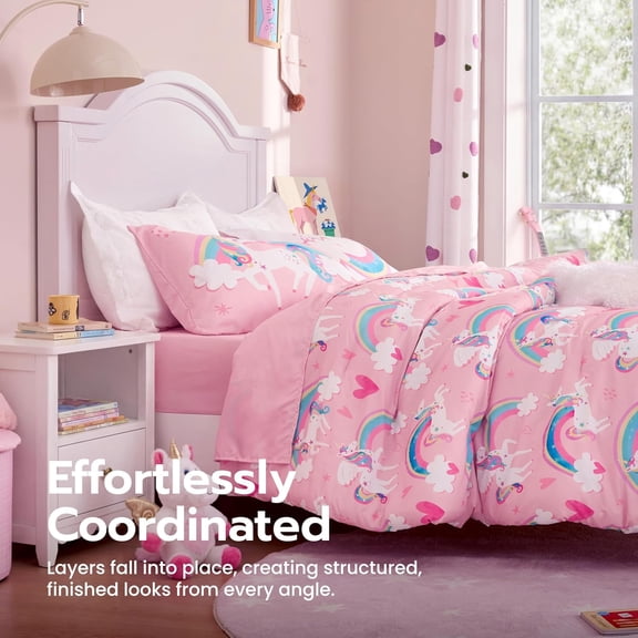 Kid Twin Comforter Set 5 Piece Unicorn Rainbow Bedding Set for Boys Girls Super Soft Microfiber Bed in a Bag with Comforter Sheets Pillowcase & Sham