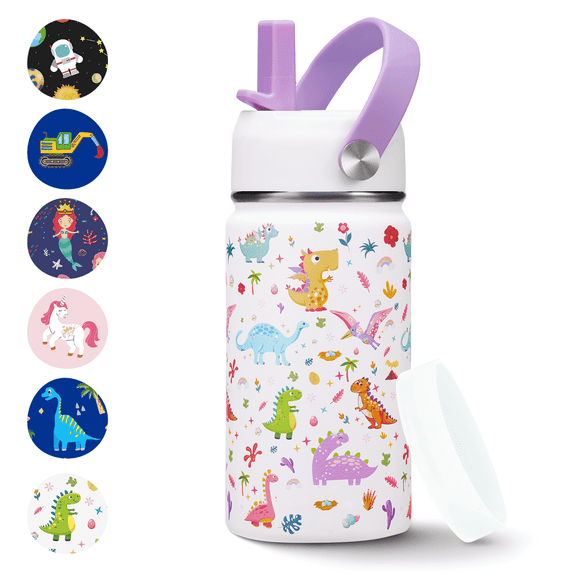 SUNSOC 12 oz Kids Insulated Water Bottle with Straw,Dinosaur Stainless Steel Water Bottle for Boys Girls,Leakproof Toddler Bottle with Flip Spout Lid,BPA Free,Cold 24H Hot 12H
