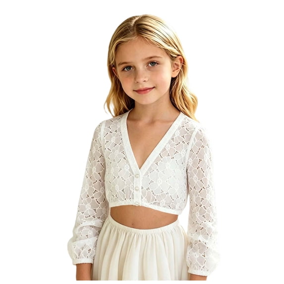 Kid White Hollow Floral Lace Festival Crop Blouse V Neck Bubble Short & Long Sleeve Bavarian Layering Top For Country Picnic 130-160