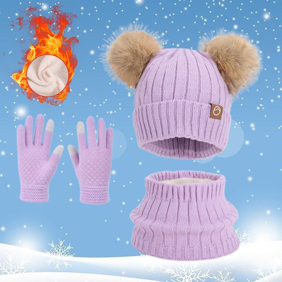 Kid Winter Hat Gloves Scarf Set, Warm Beanie Hats Knitted Cap for Ages 4-10 Years Boys Girls
