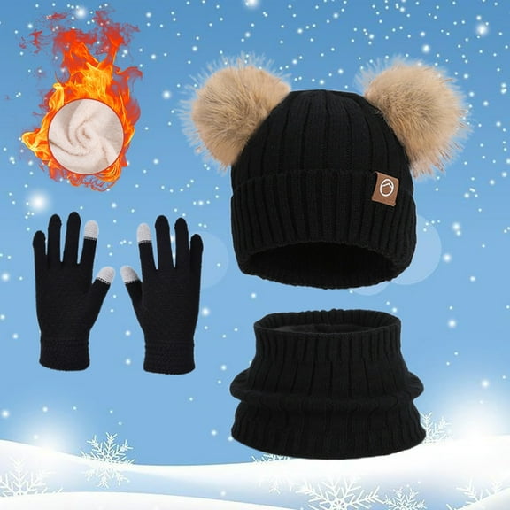 Kid Winter Hat Gloves Scarf Set, Warm Beanie Knit Lined Neck Warmer Mittens Set Christmas Gift for Ages 4-10 Years Boys Girls