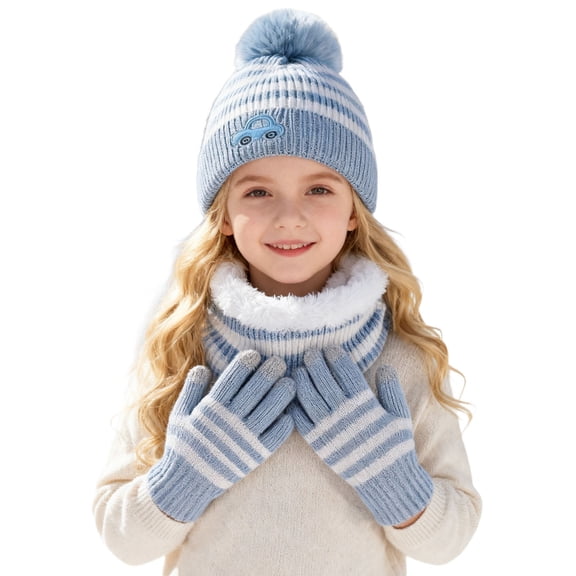 Kid Winter Hat Gloves and Neck Warmer Set, Knitted Lined Beanies Cap for 2-8 Years Girls Boys