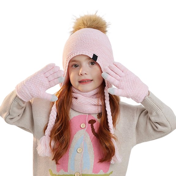 Kid Winter Hat with Ear Flaps Gloves Scarf Set, Warm Lined Beanie Knit Neck Warmer Mittens Set Christmas Gift for 4-10 Years Boys and Girls