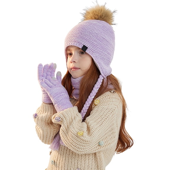 Kid Winter Hat with Ear Flaps Scarf Glove Set, Warm Lined Hat Gloves Knit Neck Warmer Set for 4-10 Years Girls Boys