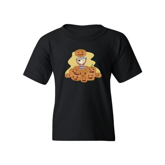 Kid With Jack O Lanterns T-Shirt Juniors -Image by Shutterstock,  Large